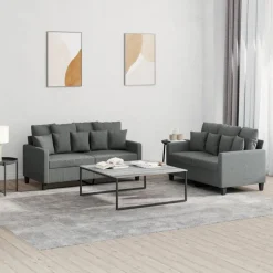 vidaXL 2-tlg. Sofagarnitur mit Kissen Dunkelgrau Stoff