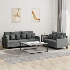 vidaXL 2-tlg. Sofagarnitur mit Kissen Dunkelgrau Stoff
