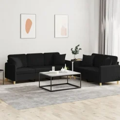 vidaXL 2-tlg. Sofagarnitur mit Kissen Schwarz Stoff