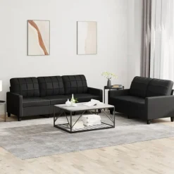 vidaXL 2-tlg. Sofagarnitur mit Kissen Schwarz Kunstleder