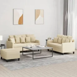 vidaXL 3-tlg. Sofagarnitur mit Kissen Creme Stoff