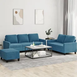 vidaXL 3-tlg. Sofagarnitur mit Kissen Blau Samt