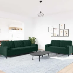 vidaXL 2-tlg. Sofagarnitur mit Kissen und Nackenrollen Dunkelgrün Samt
