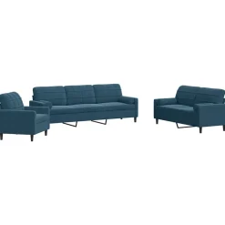 vidaXL 3-tlg. Sofagarnitur mit Kissen und Nackenrollen Blau Samt