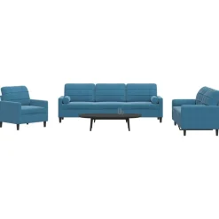 vidaXL 3-tlg. Sofagarnitur mit Kissen und Nackenrollen Blau Samt