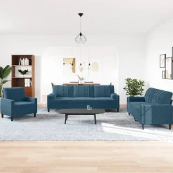 vidaXL 3-tlg. Sofagarnitur mit Kissen und Nackenrollen Blau Samt