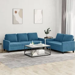 vidaXL 2-tlg. Sofagarnitur mit Kissen Blau Samt