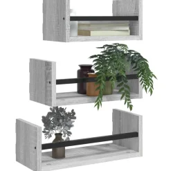 vidaXL 3-tlg. Wandregal-Set mit Stangen Grau Sonoma Holzwerkstoff