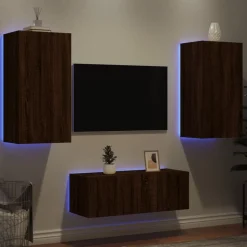 vidaXL 4-tlg. Wohnwand mit LED-Beleuchtung Braun Eiche Holzwerkstoff