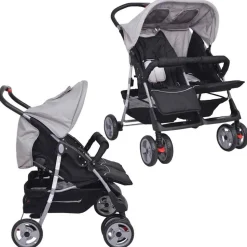 vidaXL Zwillingskinderwagen Stahl Grau und Schwarz